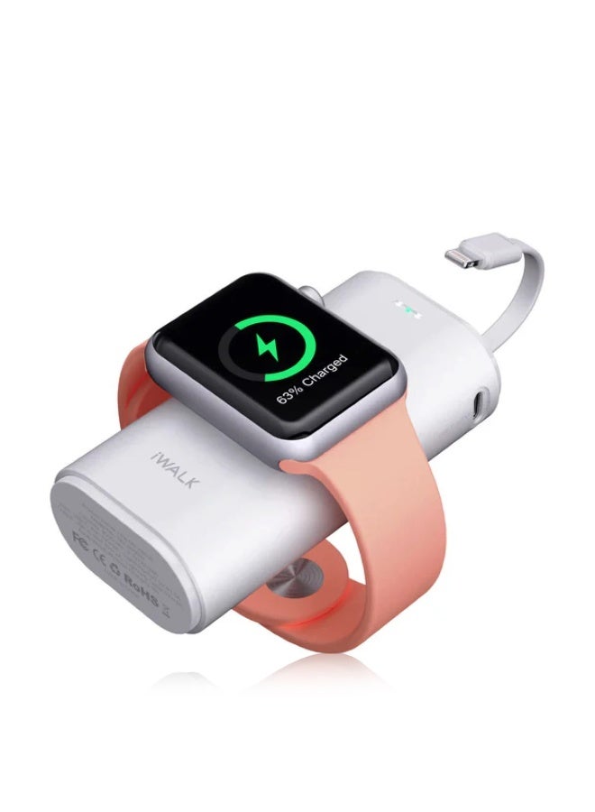 iWalk Portable Apple Watch Charger 9000mAh Power Bank - Built-in Lightning Cable for iPhone - Magnetic Wireless Travel Charger for Apple Watch Series 10/9/8/7/6/SE/Ultra - Dual Charging - White - Image 1